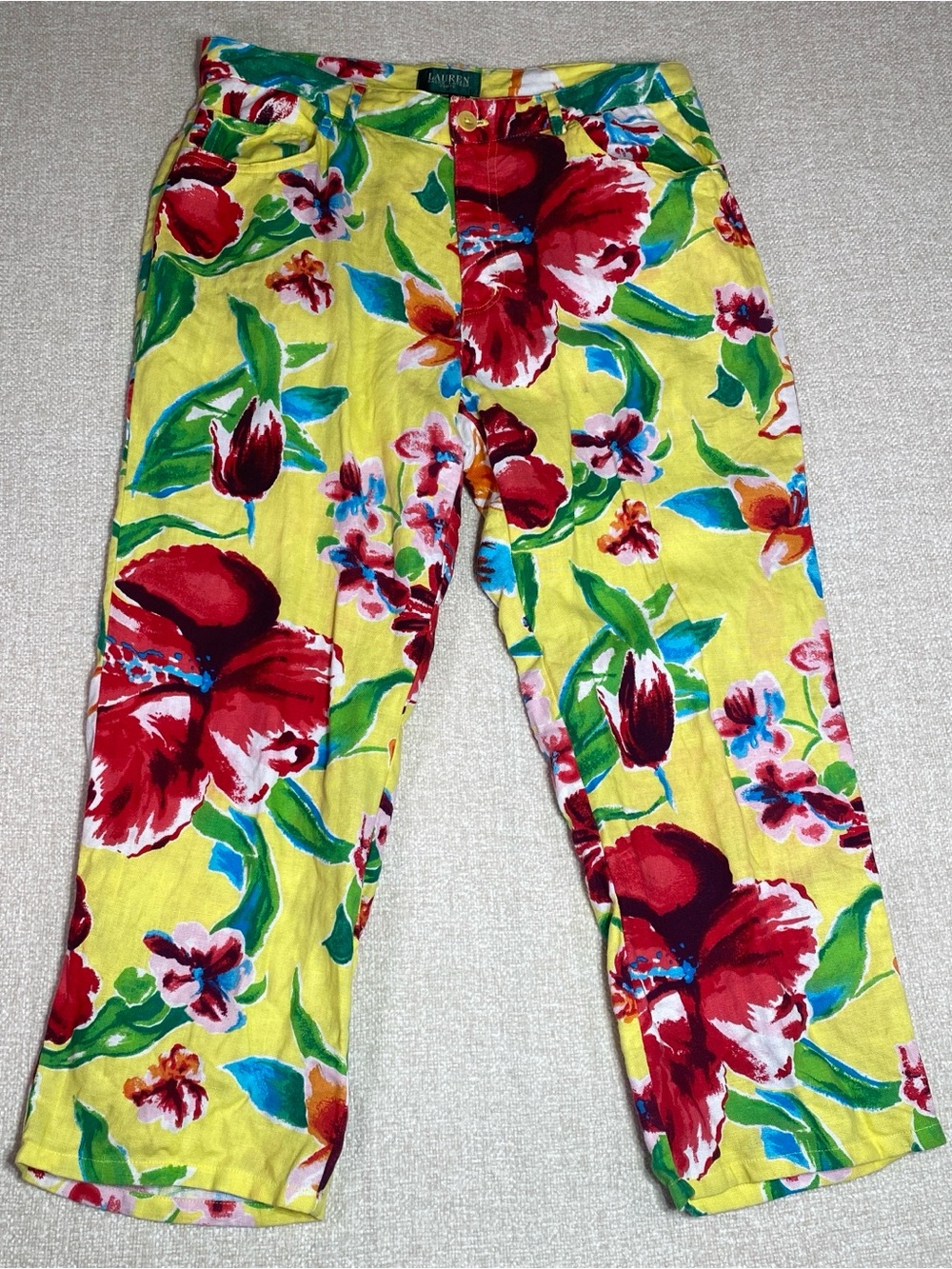 Lauren Ralph Lauren Pants Womens 14P Yellow Floral 100% Linen Straight Leg Y2K